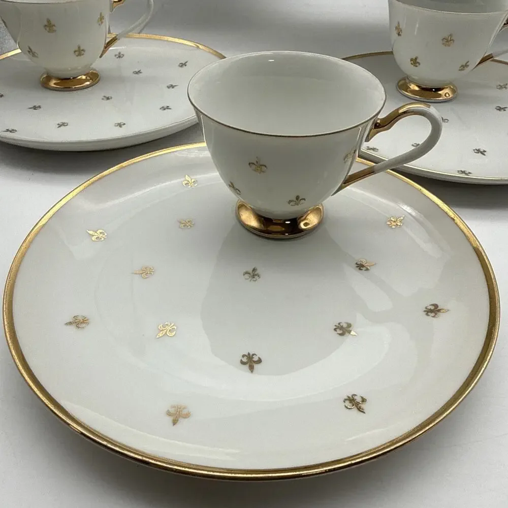 Set Of 7 (50-60's) Fleur de Lis Snack Set Gold & White -Plates & Tea/Coffee Cups